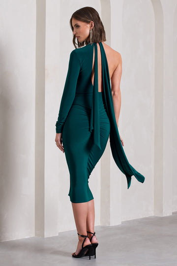 Liz Bottle Green Halter-Neck One Sleeve Open-Back Midi Dress With Sash
